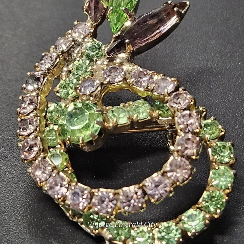 Vtg Unsigned Weiss Swirl Brooch Green & Purple Prong Rhinestones Navette Crystal